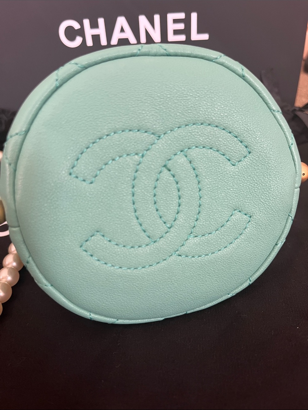CHANEL Tiffany Blue Quilted Lambskin Mini Drawstring Bucket Bag with Pearl Chain - Picture 6 of 6